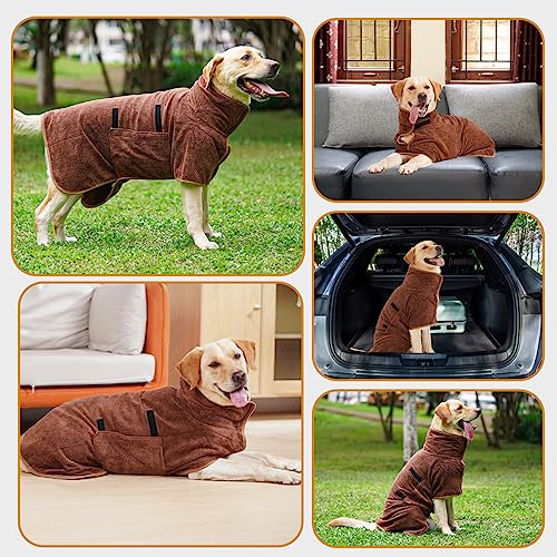 HezzLuv Bademantel für Hunde, Hundebademantel aus Mikrofaser für mittlere und große Hunde, super saugfähiger Haustier Trockenmantel, ganzjahres schnell trocknendes Hundehandtuch (Braun,L)