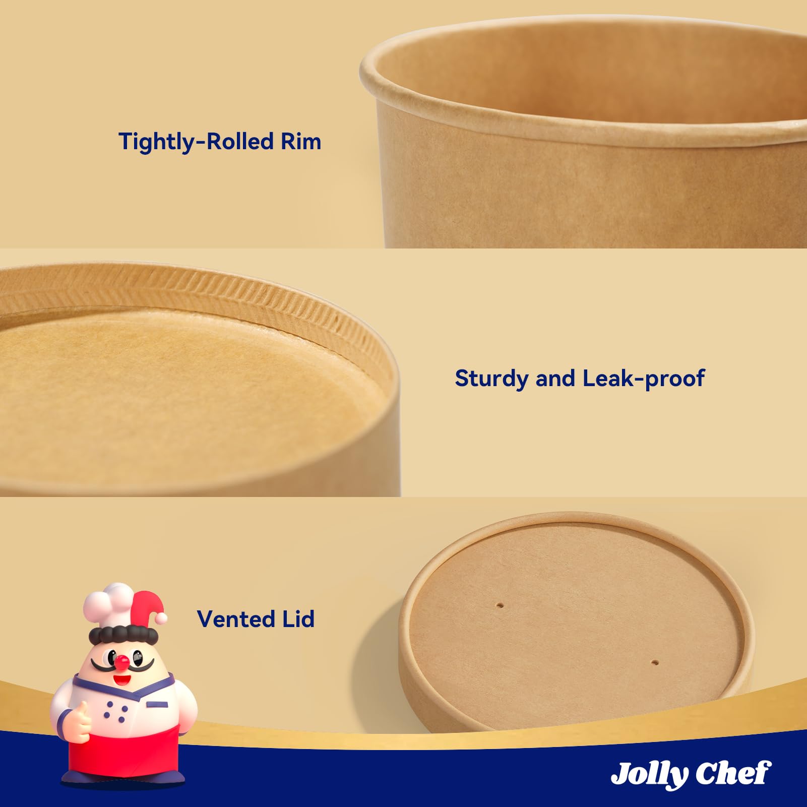 JOLLY CHEF Paquete de 50 recipientes desechables de papel para alimentos con tapas de 8 onzas | To Go - Cuencos de sopa desechables con tapas para restaurante, fiesta, picnic