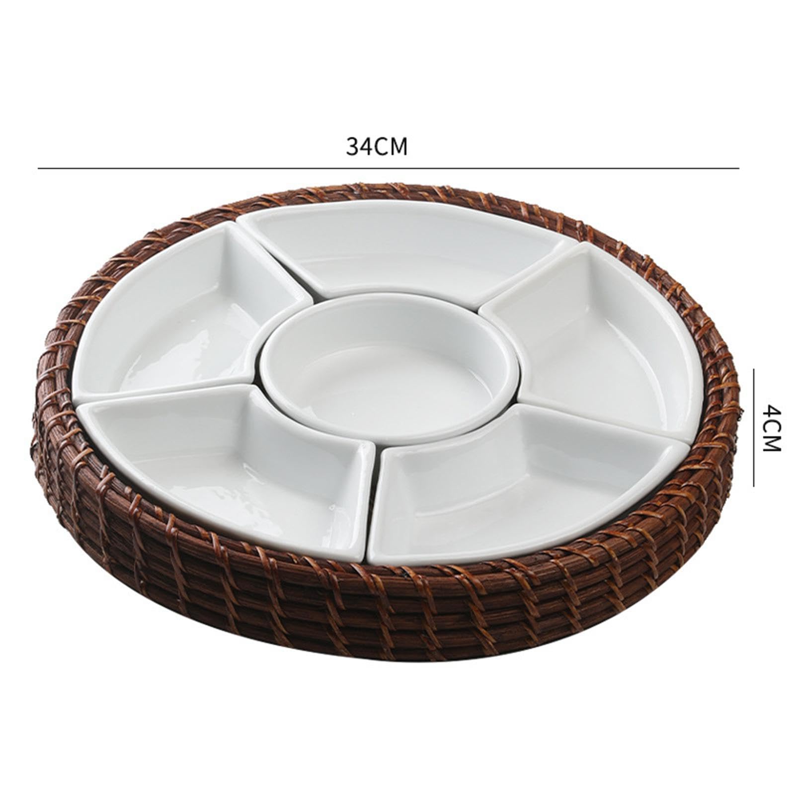 Bandeja Dividida para Snacks con Compartimentos Desmontables Plato de Aperitivos para Frutas Bandeja de Rattan y Diseño Pastoral Adecuada, Marrón