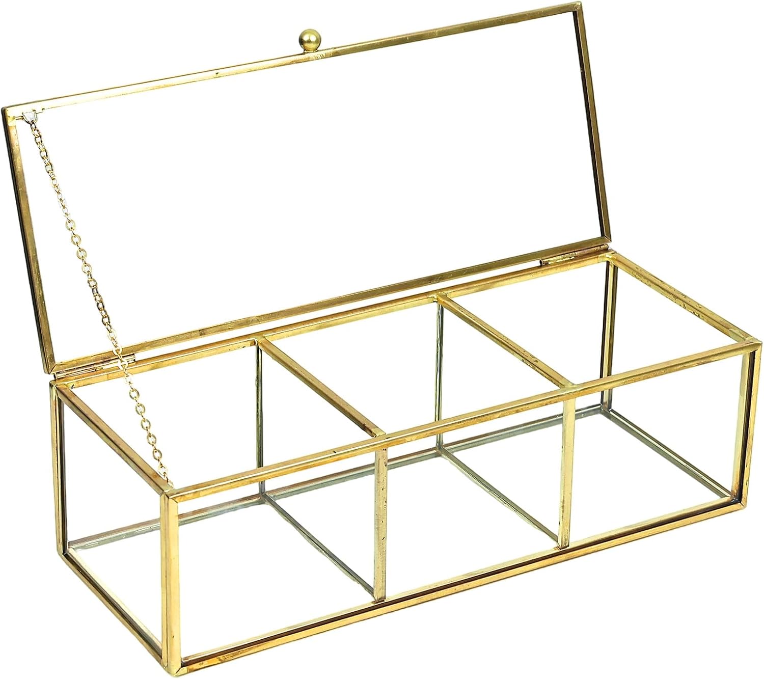 HighFree Gold Glass Tea Bag Organizer, Countertop Storage Box with Lid, Clear Multi-Use Display Case for Tea Bags, Rings, Earrings & Cosmetics (3 Compartments)