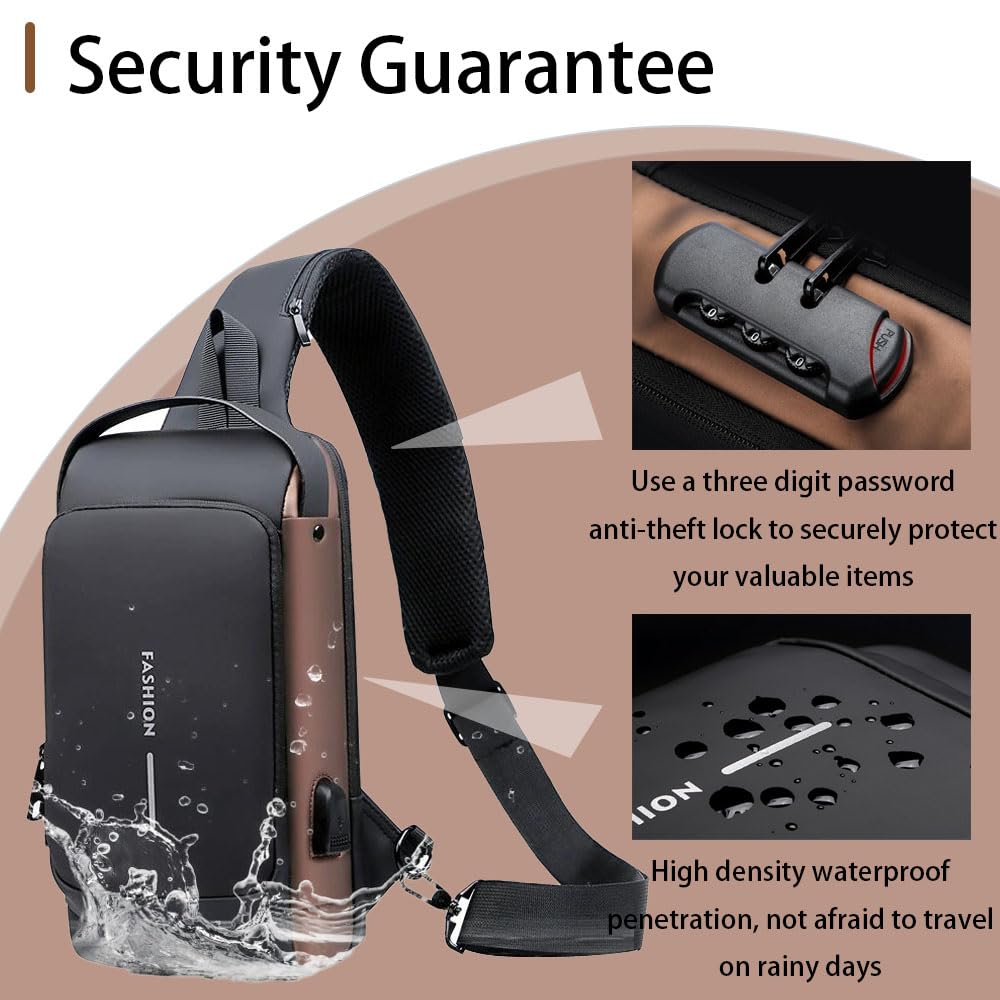 PEAGLOB Travel Sling Bag Waterproof Crossbody Bag with Combination Lock Anti-Theft PU Leather Chest Bag 4