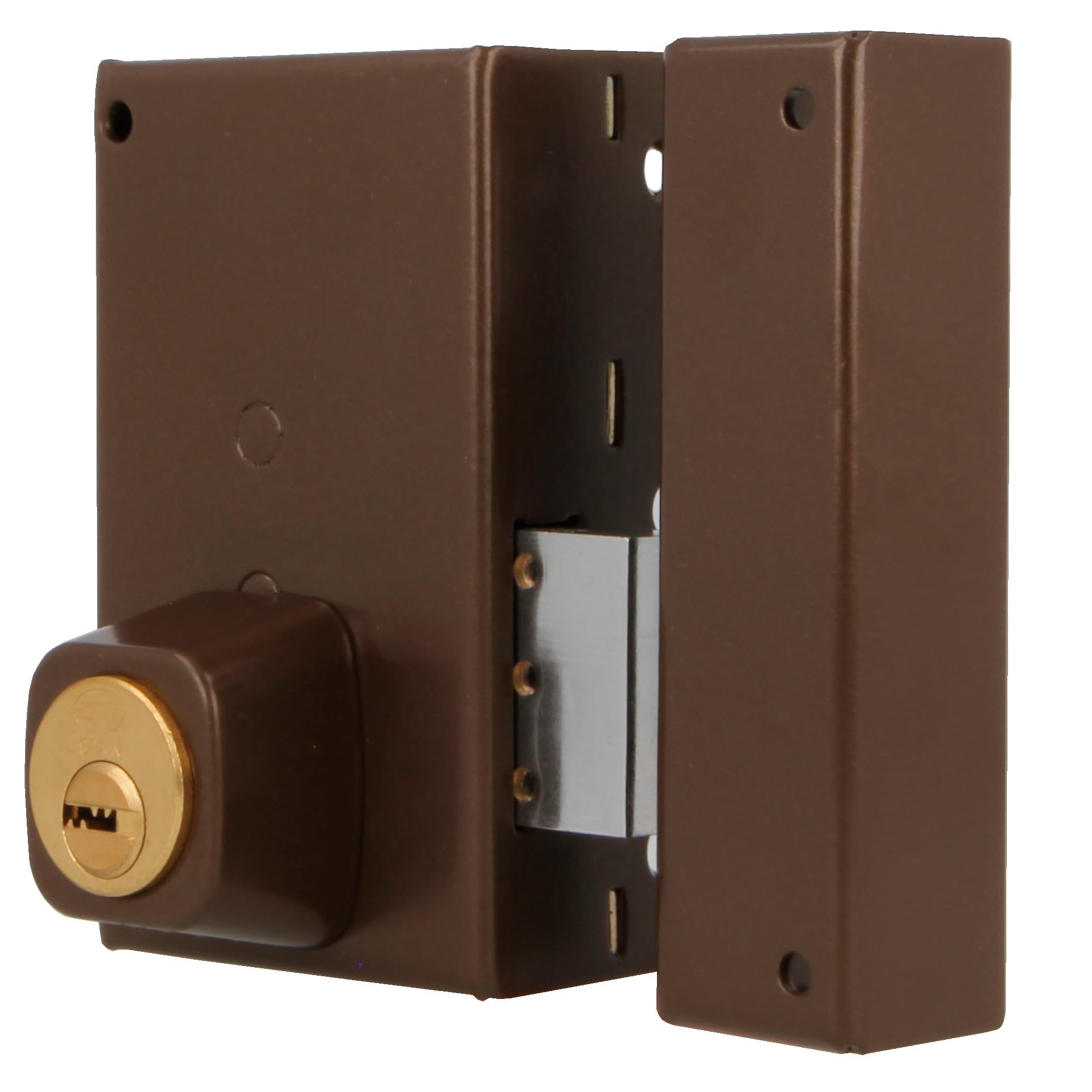 Amig - Cerradura de Sobreponer de Derecha con Palanca de Cierre y Lengüeta para Puertas de Madera Mod. 75P - 67 x 112 mm - Cilindro Redondo de Seguridad - Acero Marrón