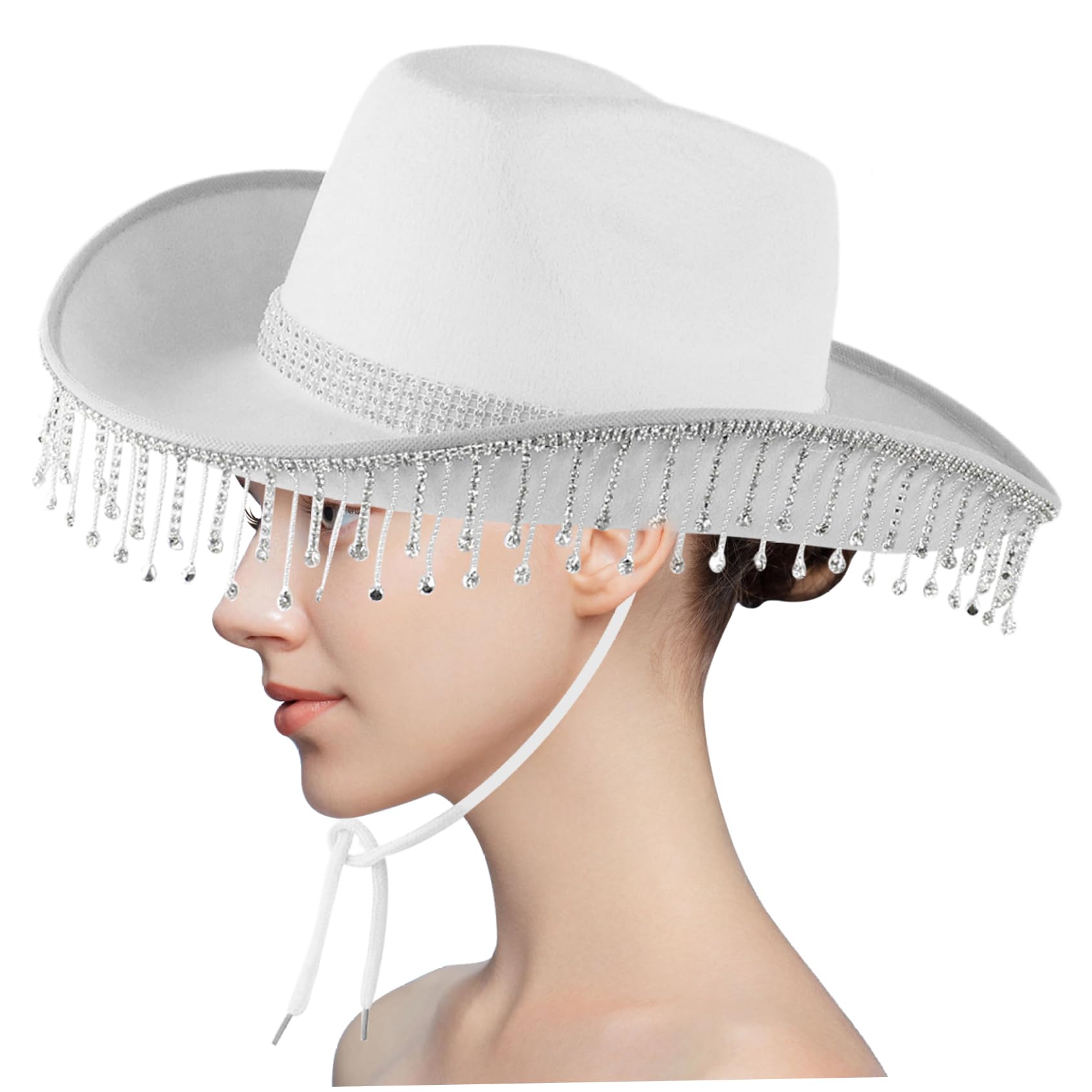 Peosaard Drinestone Cowboy Hat Frinestone Fringe Bride Cowgirl Sombrero Glitter Sombrero de vaquero para mujeres Gorro de vaquera con correa de la barbilla Sombrero de boda de vaqueros para la novia para que