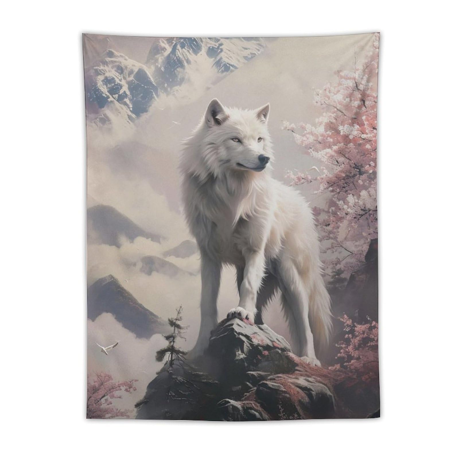 FeoYoed Tapestry Wall Hanging Aesthetic Decoration For Bedroom Living Room Wall Art Tapestries White Wolf Mountain Fog Cherry Blossoms 30"x40"