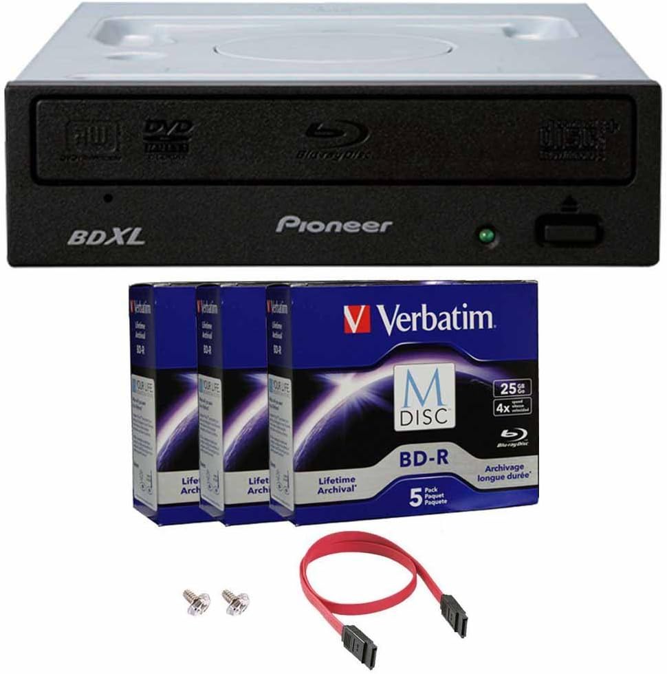 Pioneer 16X BDR-2209 Internal Blu-ray Burner Bundle with 15 Pack M-DISC BD and Cable Accessories (Supports BDXL, SATA Interface)