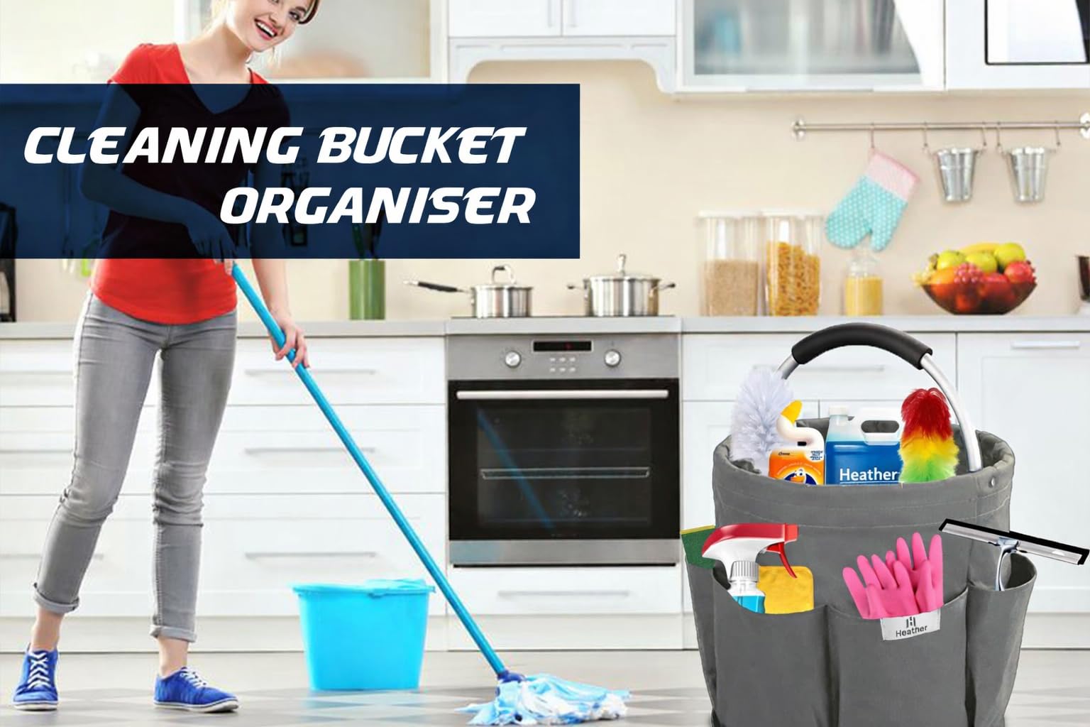 heather Organiseur de nettoyage avec poignée - Sac seau pour ustensiles de nettoyage - Petit sac à outils de jardin pliable - Multi-poches - Pliable - Économie d'espace - Universel - Bleu