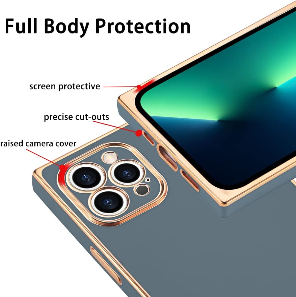 OOK Compatible with iPhone 13 Pro Max Case Square Cute Gold Plating Reinforced Corners Soft TPU Edge Slim Full-Body Shockproof Protective Case Cover for iPhone 13 Pro Max 6.7 Inch - Gray