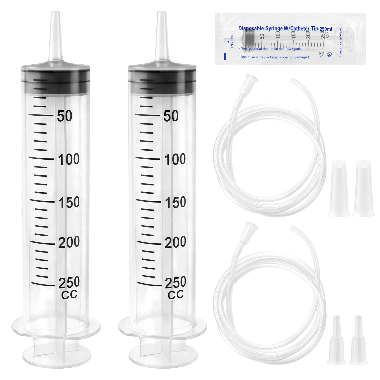 Large Capacity Syringe ,2-Pack with 2 x 1M Transparent Tubes & Fittings - Reusable Liquid Plastic Syringe Kit for Pet Feeding, Liquids, Oil, Plant Irrigation Science & Lab Use (250ml)