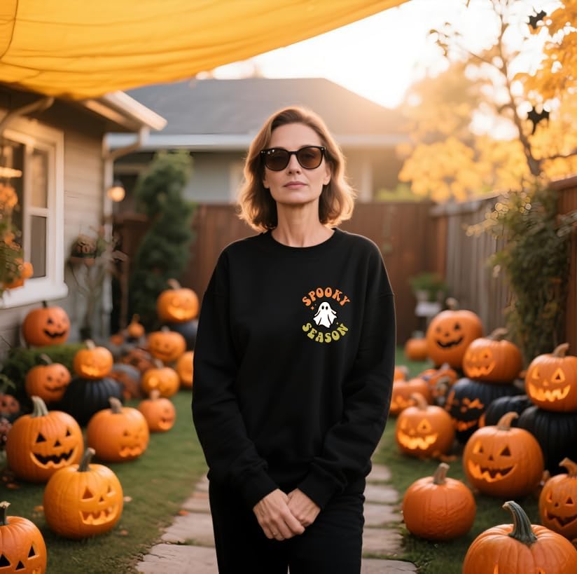 Spooky Season Sweatshirt Women Cute Halloween Ghost Sweatshirt Halloween Sweater Pullover Long Sleeve Shirt Top - Image 2