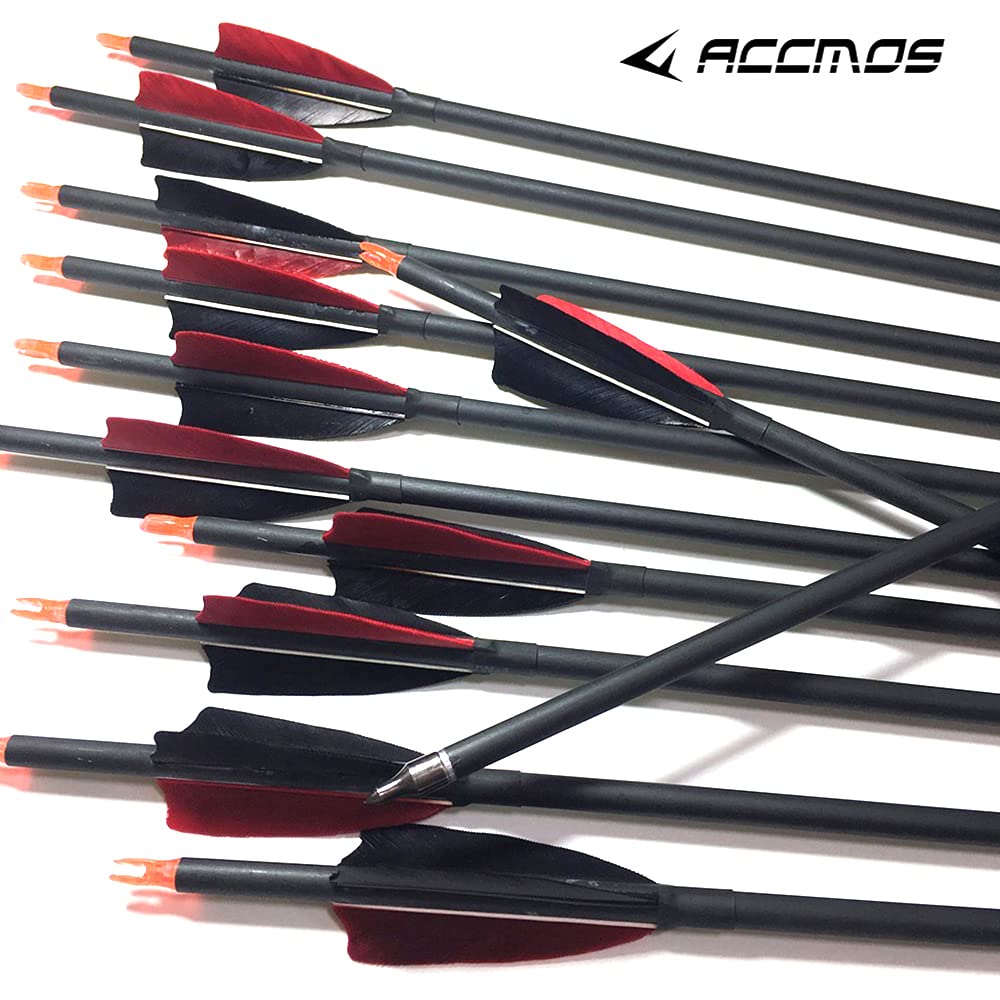 ACCMOS Spine 500 Tiro con L'Arco Freccia in Carbonio 23-30 Pollici con 3'' Piuma di Tacchino,Punte di Freccia Rimovibile, per Arco Ricurvo Arco Composto Caccia 12 pzi