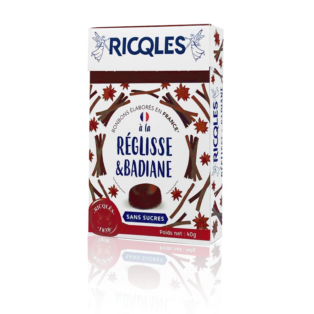 RICQLES -BONBONS RÉGLISSE BADIANE SANS SUCRES - Bonbon à sucer- Élaborés en France - Boîte en carton de 40g
