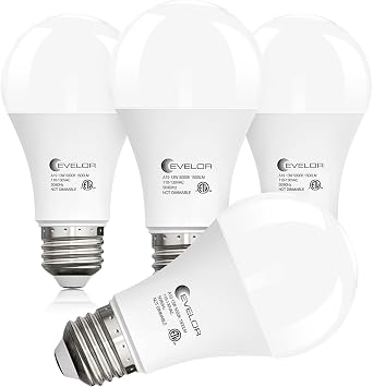 evelor 4-Packs A19 LED Light Bulbs,100 Watt Equivalent 5000K Daylight Bright Bulbs Efficient 13W,1500 Lumens E26 Base, Non-Dimmable, 15000-Hour Lifespan for Bedroom, Living Room, Office