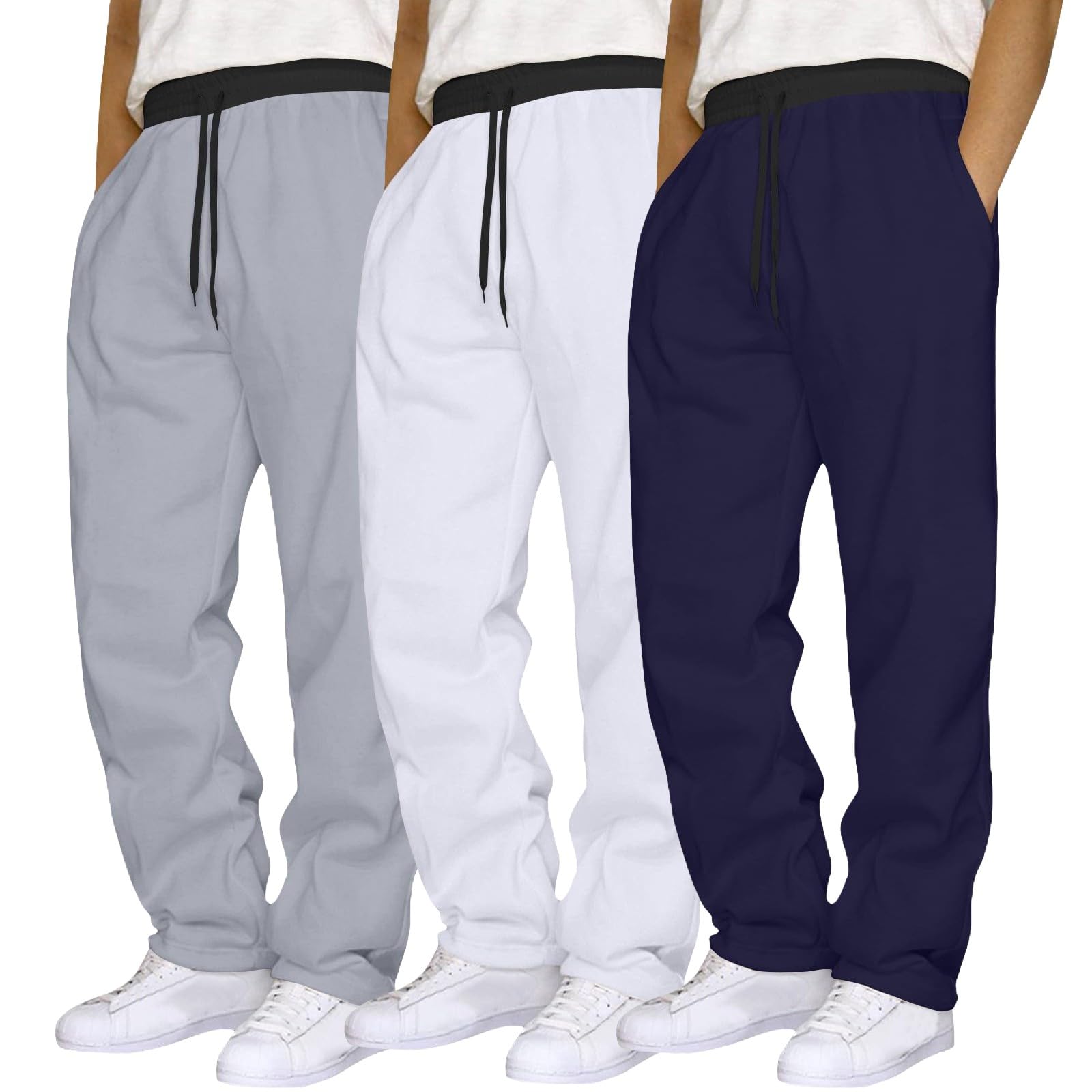 Chunotu Herren-Jogginghose, elastische Taille, Fleece, lässig, gerades Bein, Arbeitshose mit Taschen, 3er-Pack