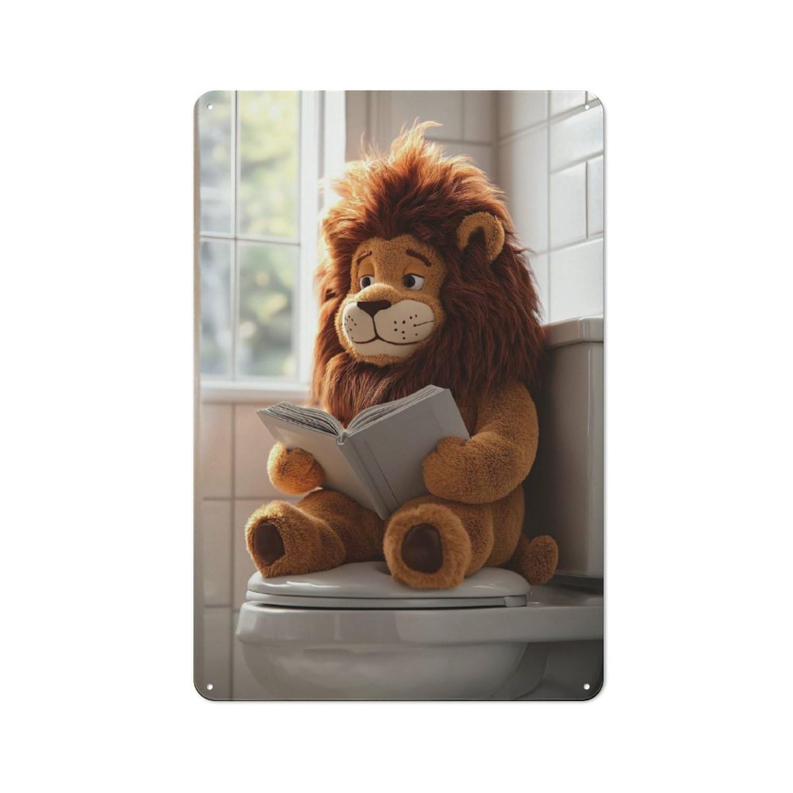 Lion Plush Reading on Toilet Cottage Style Metal Wall Decor 30x20cm, Decorative Tin Sign for Cottage, Kitchen, Hallway Or Breakfast Nook