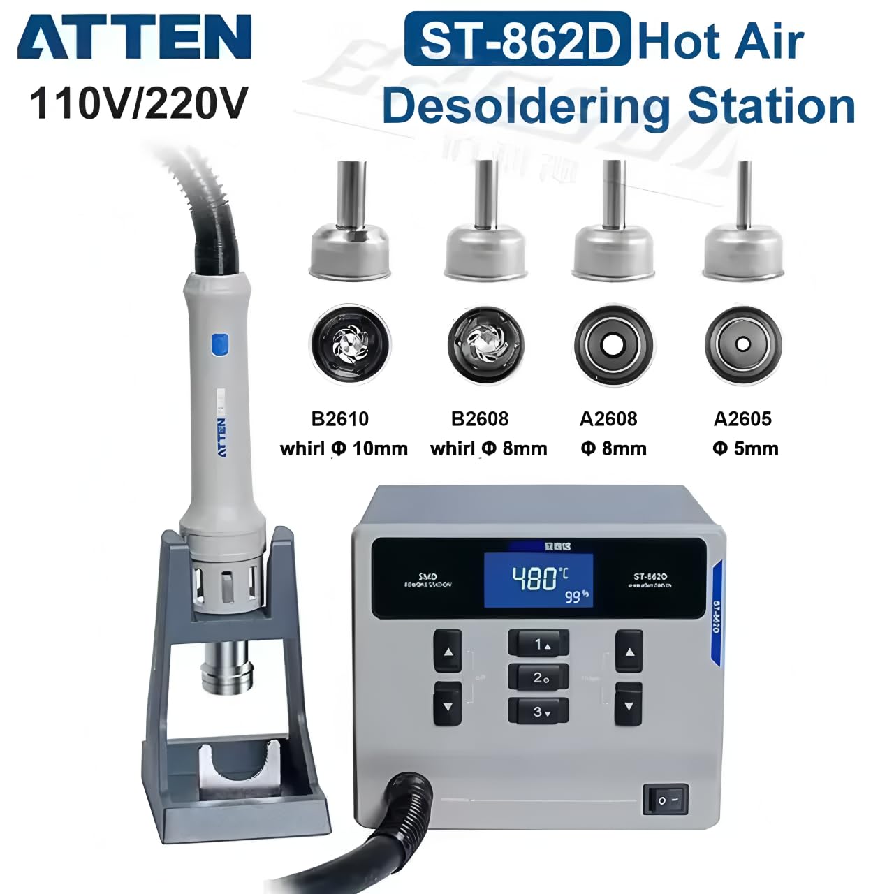 ATTEN St-862D 1000W Heißluftpistole mit Digitalanzeige BGA-Reparaturstation mit automatischem Schlafmodus zur Reparatur und Entlötlösung(ST-862D B)