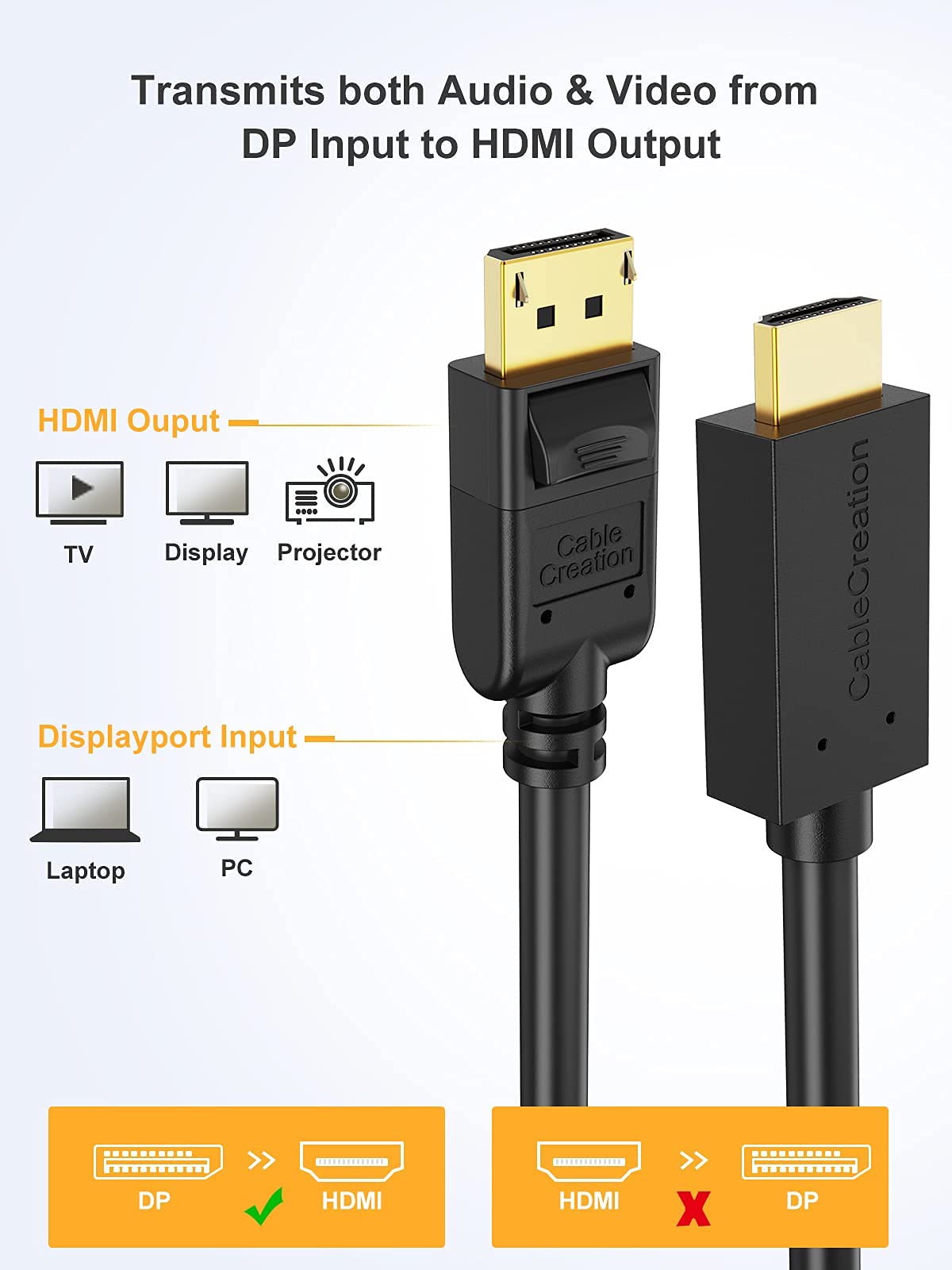 CableCreation 6 Pieds DisplayPort vers HDMI, plaqué or DP vers HDMI, 4K et 3D Audio / Video Converter, 1,83m / Noir