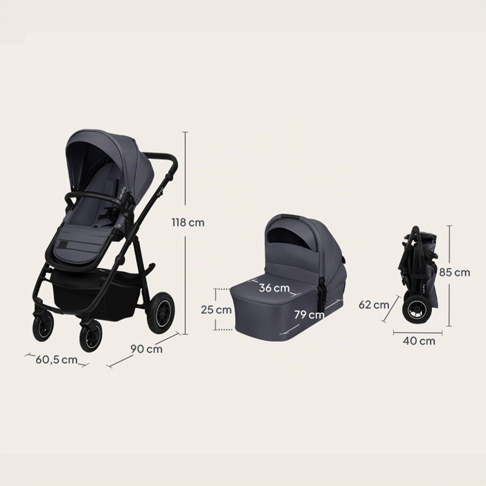 LIONELO AMBER PLUS poussette multifonctionnelle 3 en 1 de 0 à 4 ans jusqu'à 22 kg avec nacelle XL, siège auto jusqu'à 13 kg, dossier réglable, grandes roues tout-terrain 360o, capote XXL (Grey)