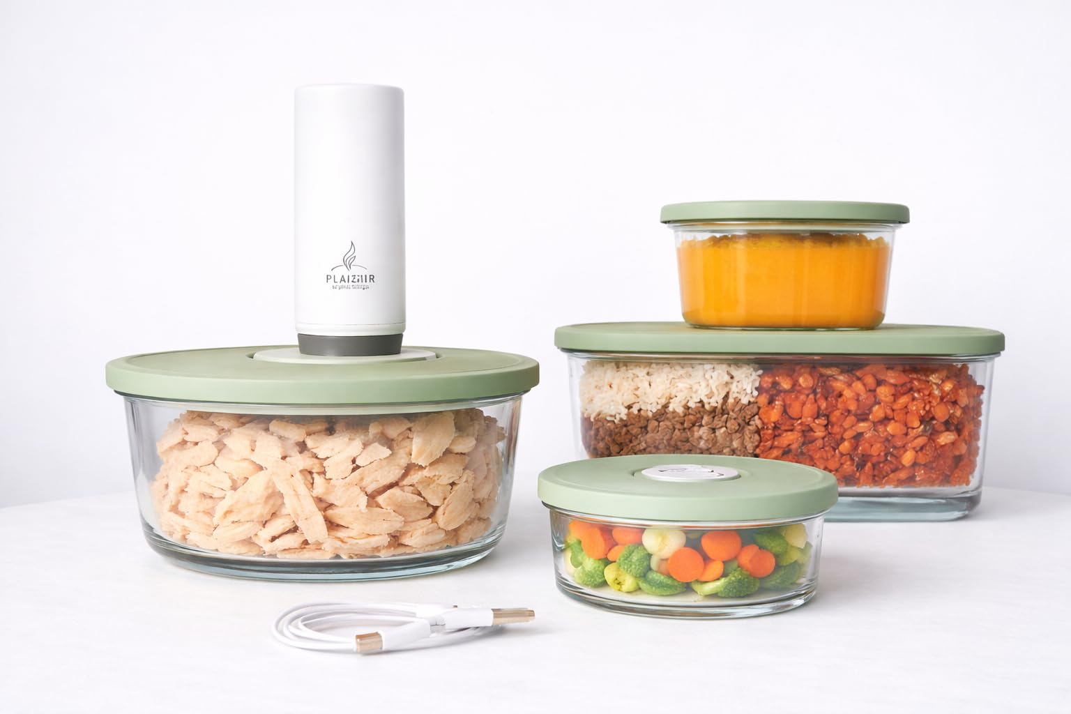 Kit sous vide alimentaire avec pompe rechargeable sans fil | 4 boîtes hermétiques en verre, Sans BPA, 240ml, 450ml, 800ml, 810ml, Idéal meal prep