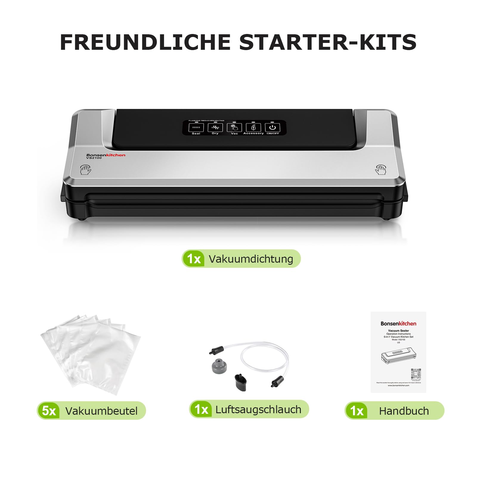 Bonsenkitchen Vakuumiergerät Vakuumierer Folienschweißgerät für Sous Vide Kochen, 5 Vakuumbeutel Inklusive