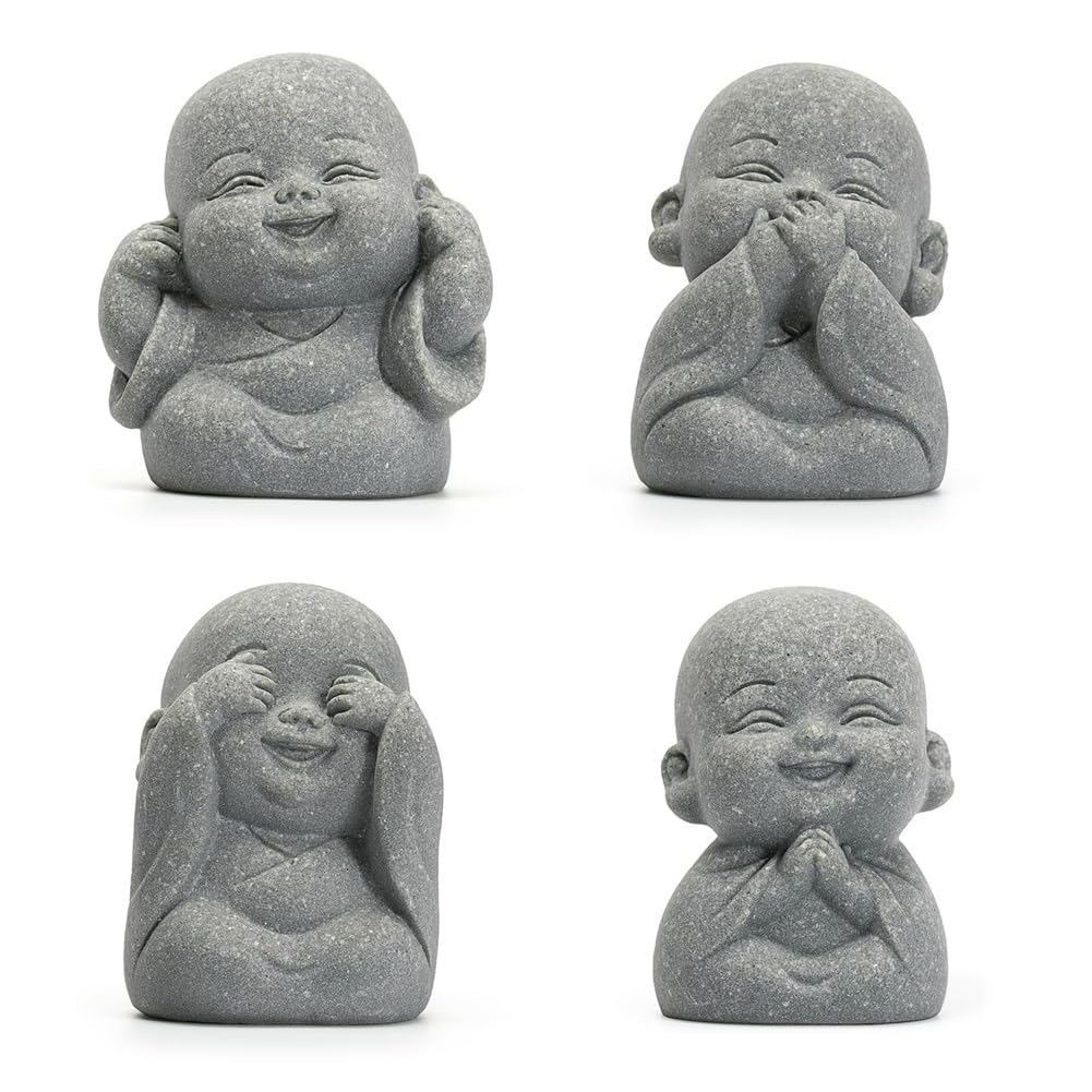 CTRLZS 4PCS Laughing Buddha Statue for Good Luck Feng Shui Decor,Cute Small Sandstone Buddha Statue for Home and Aquarium Decor