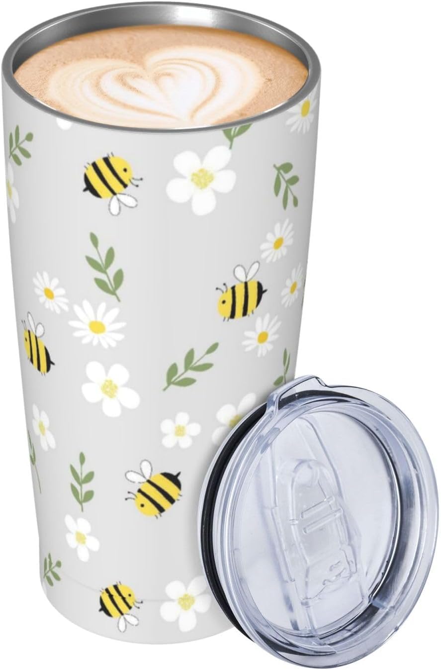 Cute Bees Tumbler 20 oz White Daisy Flower Mug with Lid and Straw Green Leaves Coffee Cup Floral Travel Tumblers for Gym Hiking Grey Water Bottle Birthday Presents for Women Men Bee Lover image 2
