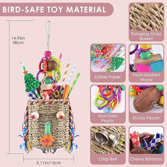 Image of KUTKUT Hanging Bird Foraging Toys, Natural Grass Basket with Shredding Papers, Wooden Blocks & Colourful Chew Toys for Parakeets, Cockatiels, Conures, Small and Medium Bird Cage Accessories