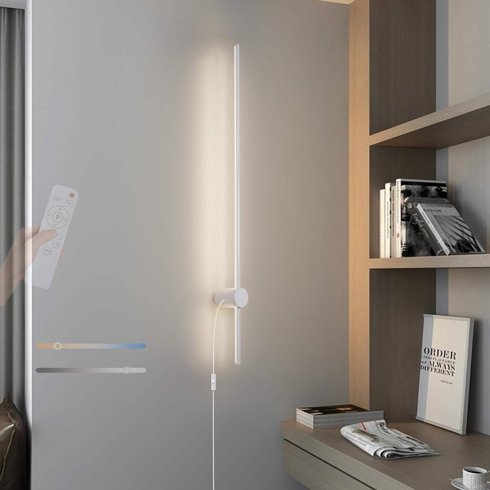 Lampa ścienna LED do wnętrz z pilotem zdalnego sterowania, możliwość ściemniania, 2700-6500 K, z wbudowanym kablem, obrotowa, długa, do sypialni, korytarza, salonu (biała, 80 cm)