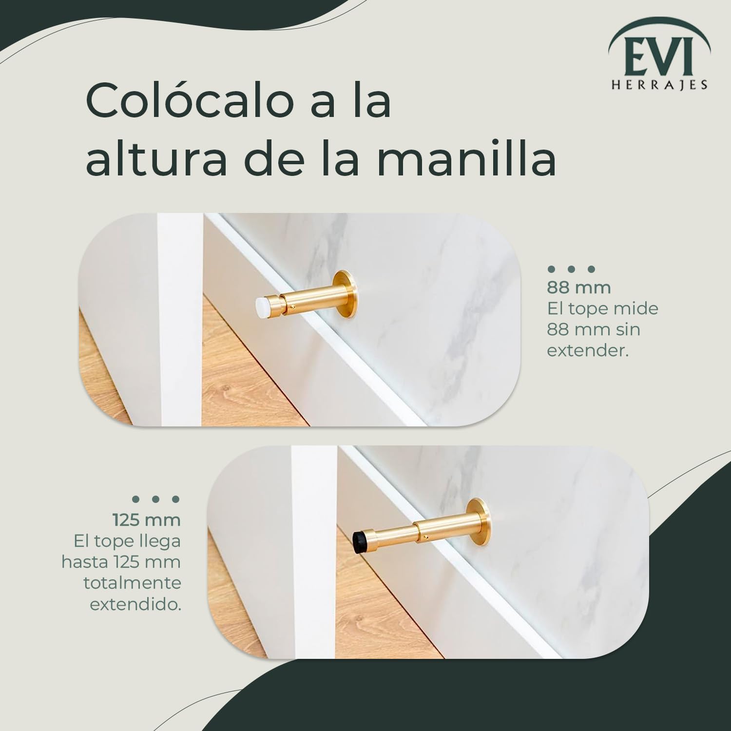 EVI Herrajes | Tope de Puerta para Colocación en Pared | Longitud Regulable: 88-125 mm | Acero Inoxidable | Goma de Silicona Blanca | Amortiguador Anti Golpes | I-182BCB