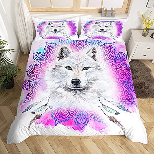 Bohemian Comforter Cover Wolf Bedding Sets Safari Animals Tie Dye Duvet Cover Set For Kids Boys Girls Wolf Dreamcatcher Watercolor Mandala Tribal Bedspreads Cover With 2 Pillow Cases Queen Size #TOP2