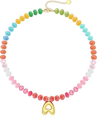 Initial Necklaces for Women, Beaded Necklaces for Women with Bubble Necklace Letter Stocking Stuffers for Teens Trendy Stuff Colorful Gemstone Choker 14k Gold Letter A-Z Pendant Summer Beach Christmas Birthday Jewelry for Her Girlfriend Sister