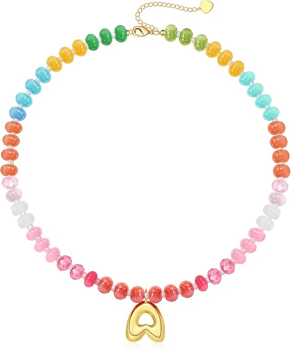 Initial Necklaces for Women, Beaded Necklaces for Women with Bubble Necklace Letter Stocking Stuffers for Teens Trendy Stuff Colorful Gemstone Choker 14k Gold Letter A-Z Pendant Summer Beach Christmas Birthday Jewelry for Her Girlfriend Sister