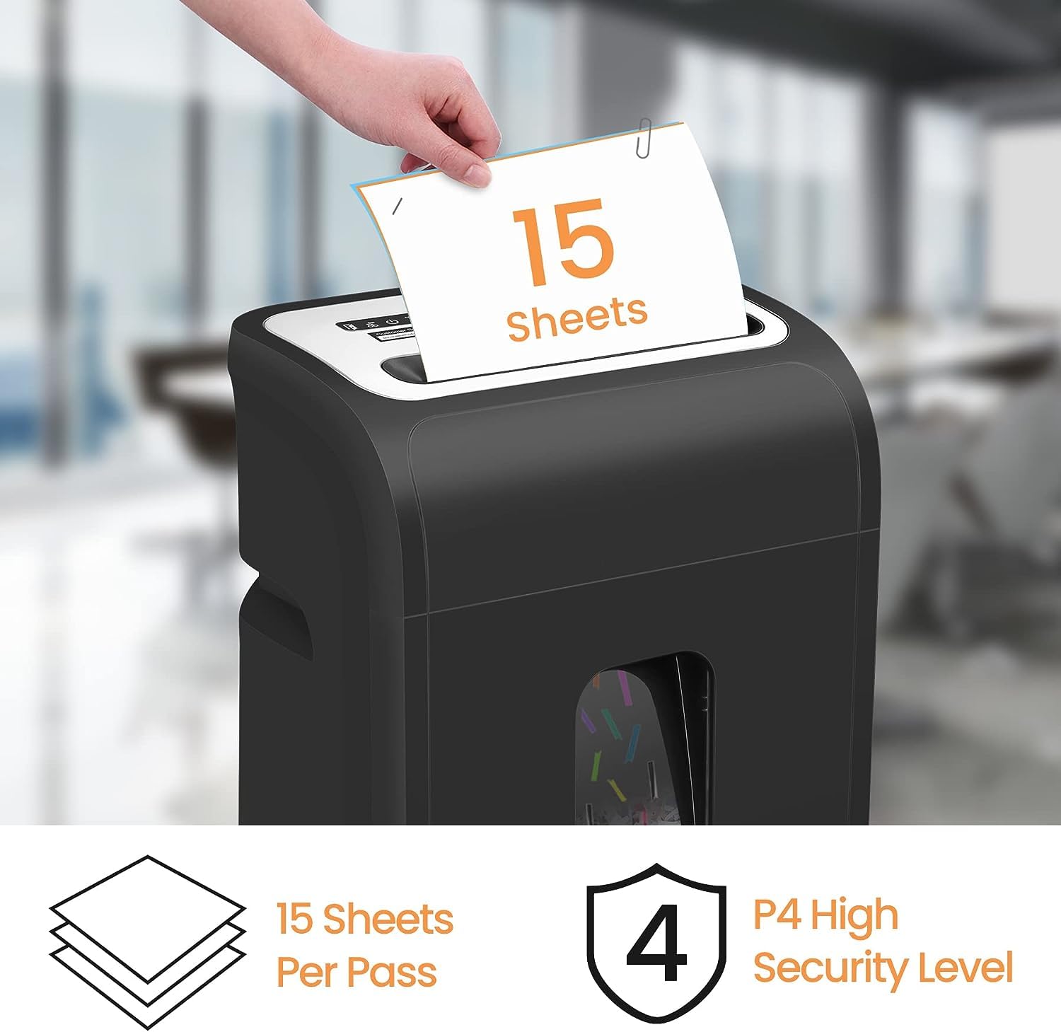 VidaTeco Niszczarka do dokumentów do biura i biura domowego – niszczarka papieru z 15 arkuszami cięcia krzyżowego P4, czas pracy 60 min, kosz na papier 20 l, cichy 58 dB