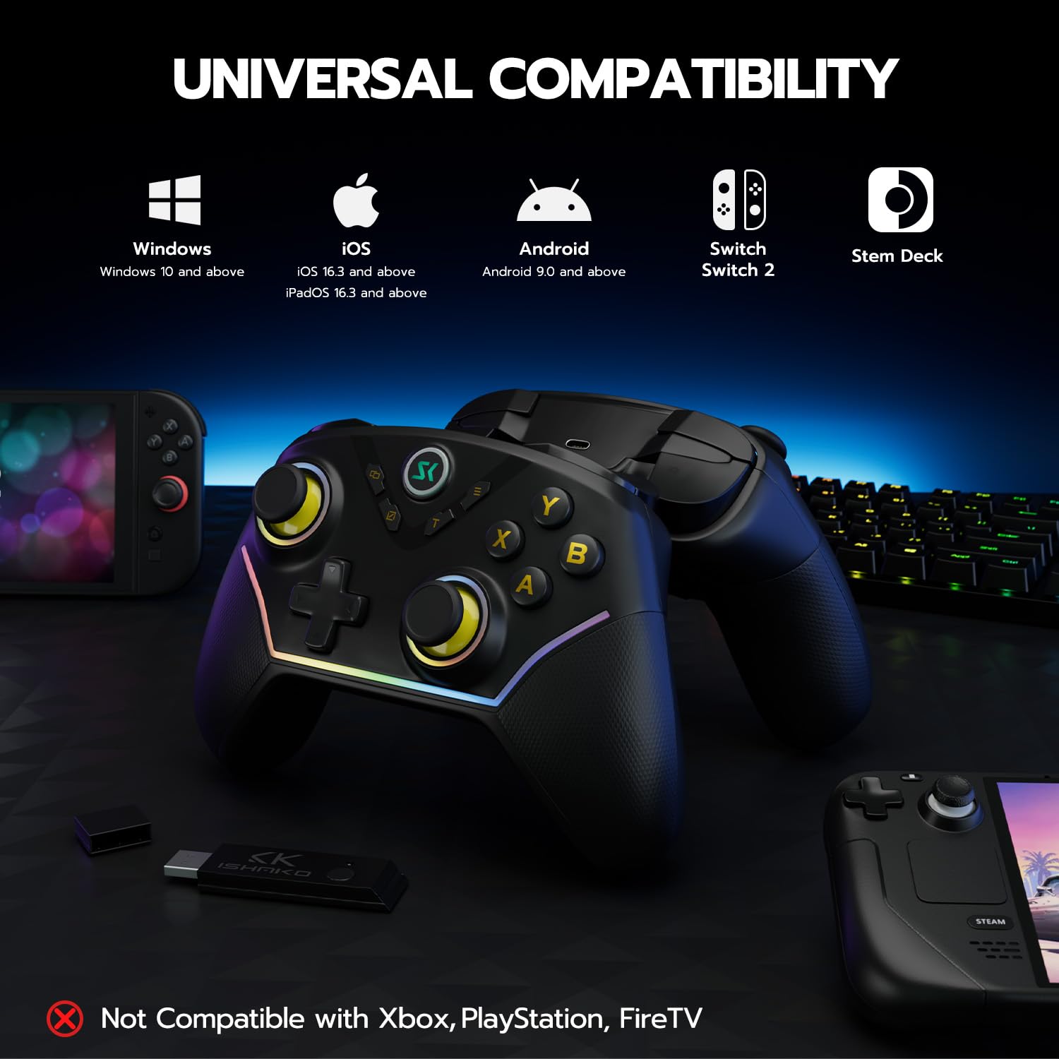 CHENGDAO 2,4G kabelloser Controller für PC/Windows/OLED/Lite/Android, Gamepad mit Hall-Effekt-Sensing-Joysticks und Hall-Triggern, mehrplattformkompatibel (Schwarz)