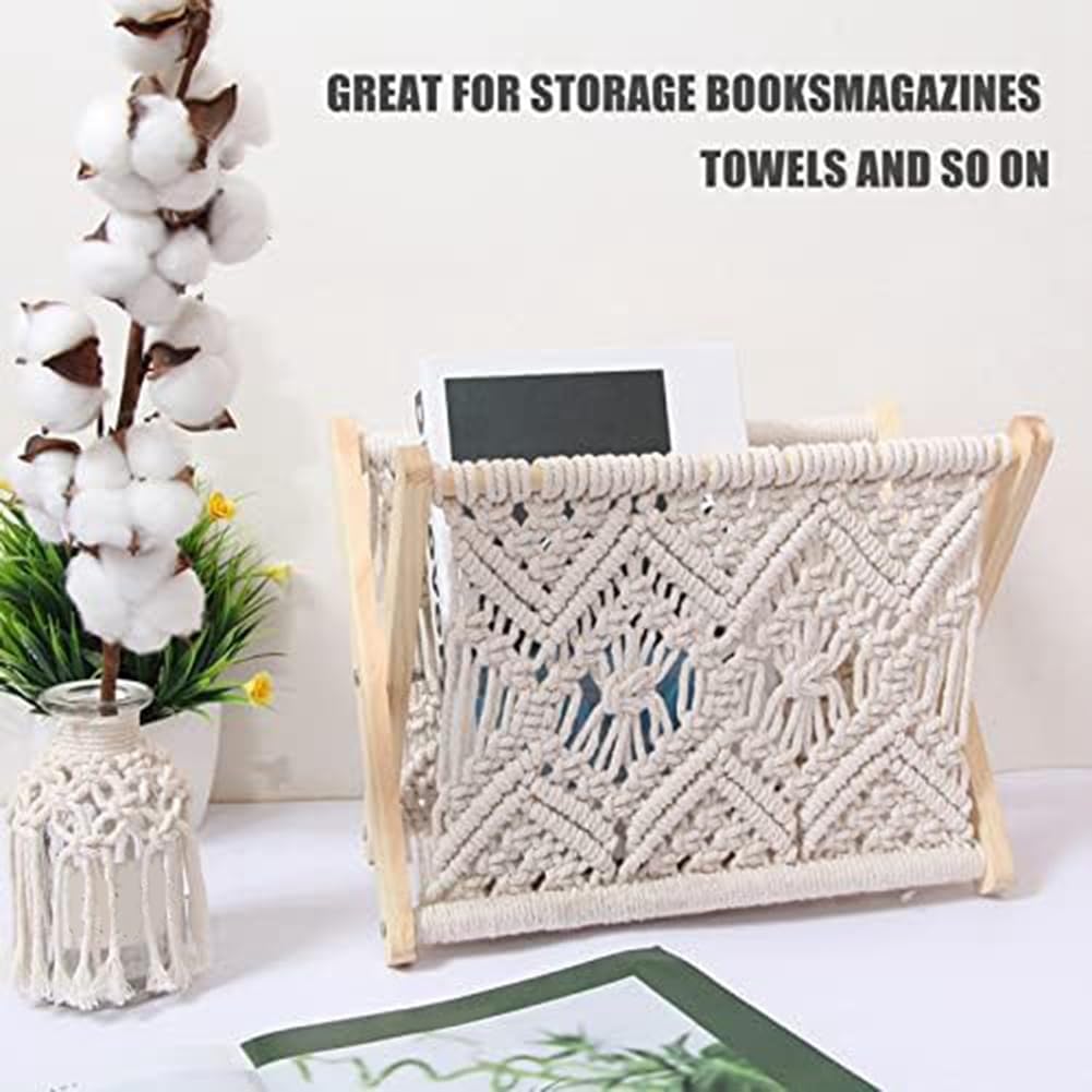 Revistero Bohemio Tejido Con Cuerda - Cesta Para Revistas Con Diseño De Tela De Cuerda - Almacenamiento Para Revistas