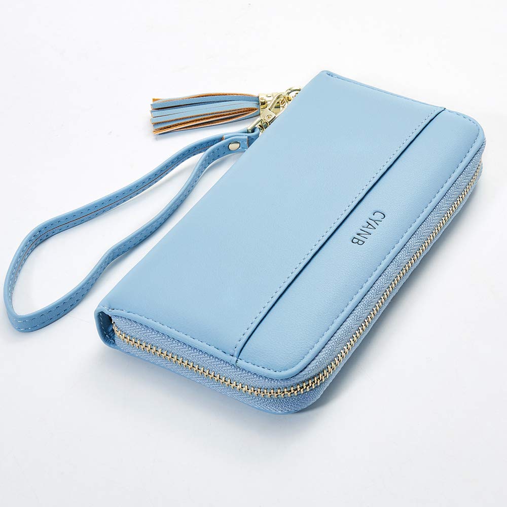 CYANB Women Wallets Tassel Bifold Ladies Cluth Wristlet Wrist strap Long Purse Blue