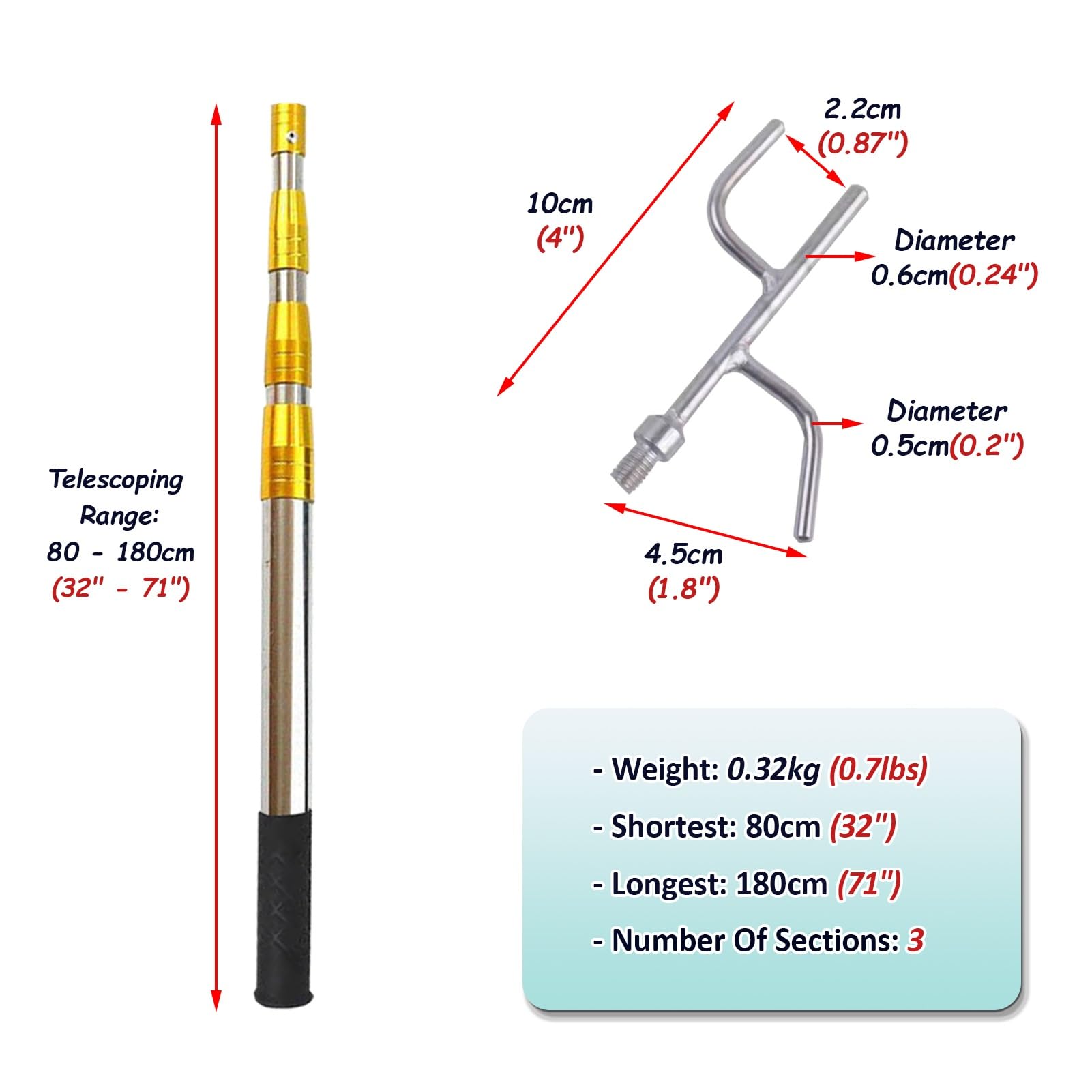Mezzo Marinaio per Barca Ganci di Sollevamento per Soffitta/Gancio per Barche, Aste di Prolunga Telescopiche per Soffitta a 3/4/5/6 Sezioni, Asta di Spinta per Scale(80-180cm/32"-71")