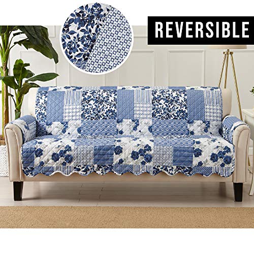 Great Bay Home Patchwork Scalloped Printed Furniture Protector. Stain Resistant Couch Cover. (Sofa, Navy) #TOP3