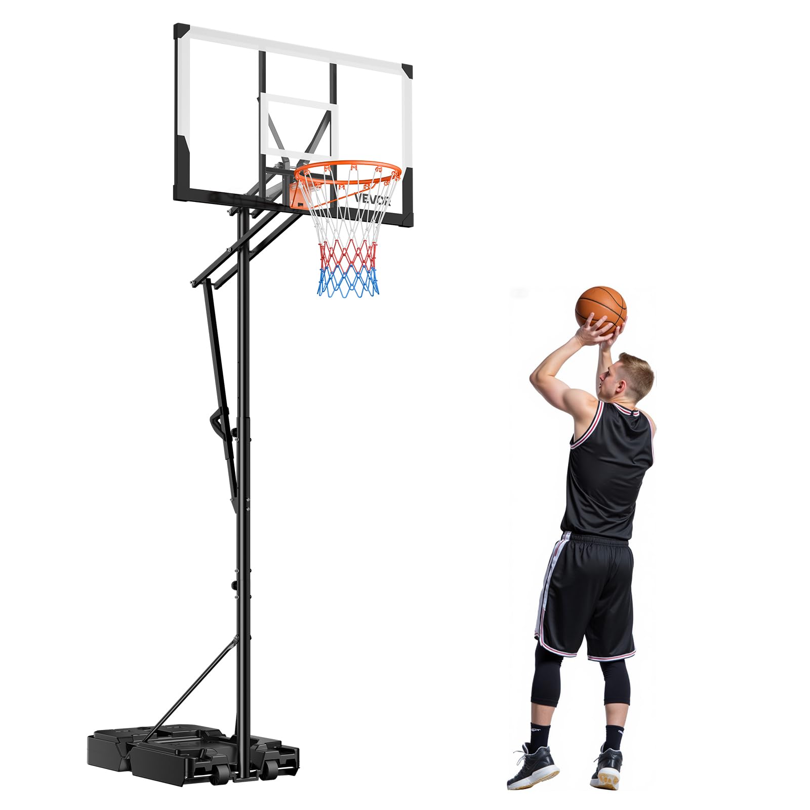 VEVOR Supporto da Basket Portatile Massimo 3,05 m Pallacanestro da Esterno con Piedistallo Regolabile in Altezza Design di Sollevamento, con Ruote e Tabellone PC da 1219,2 mm, per Cortili, Scuole
