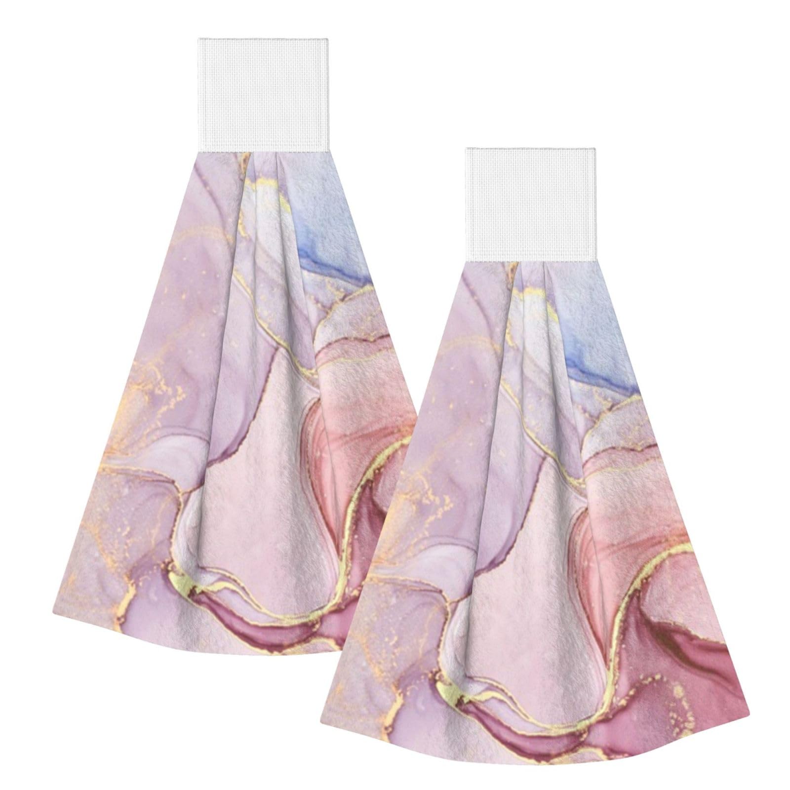 DOPKLNA Pink Marble, 2 Pcs Hanging Coral Fiber Hand Towels for Bathroom, Absorbent Kitchen Towels