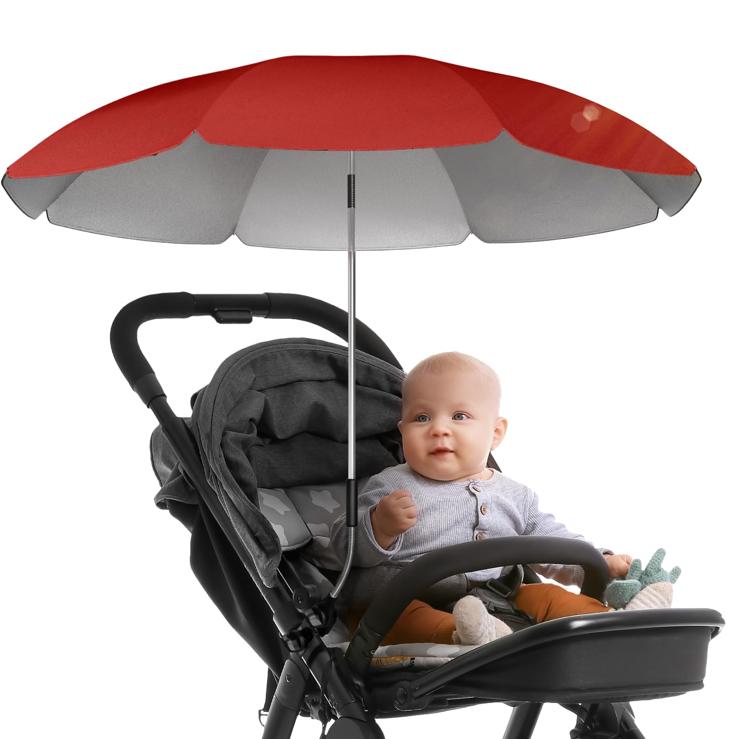 STYNGARD Sonnenschirm Kinderwagen UV Schutz 50+ / 70 cm Durchmesser mit Überhang - Sonnenschutz Kinderwagen - Sonnenschutz Buggy mit flexibler Universalhalterung Modell ROME (Rot)
