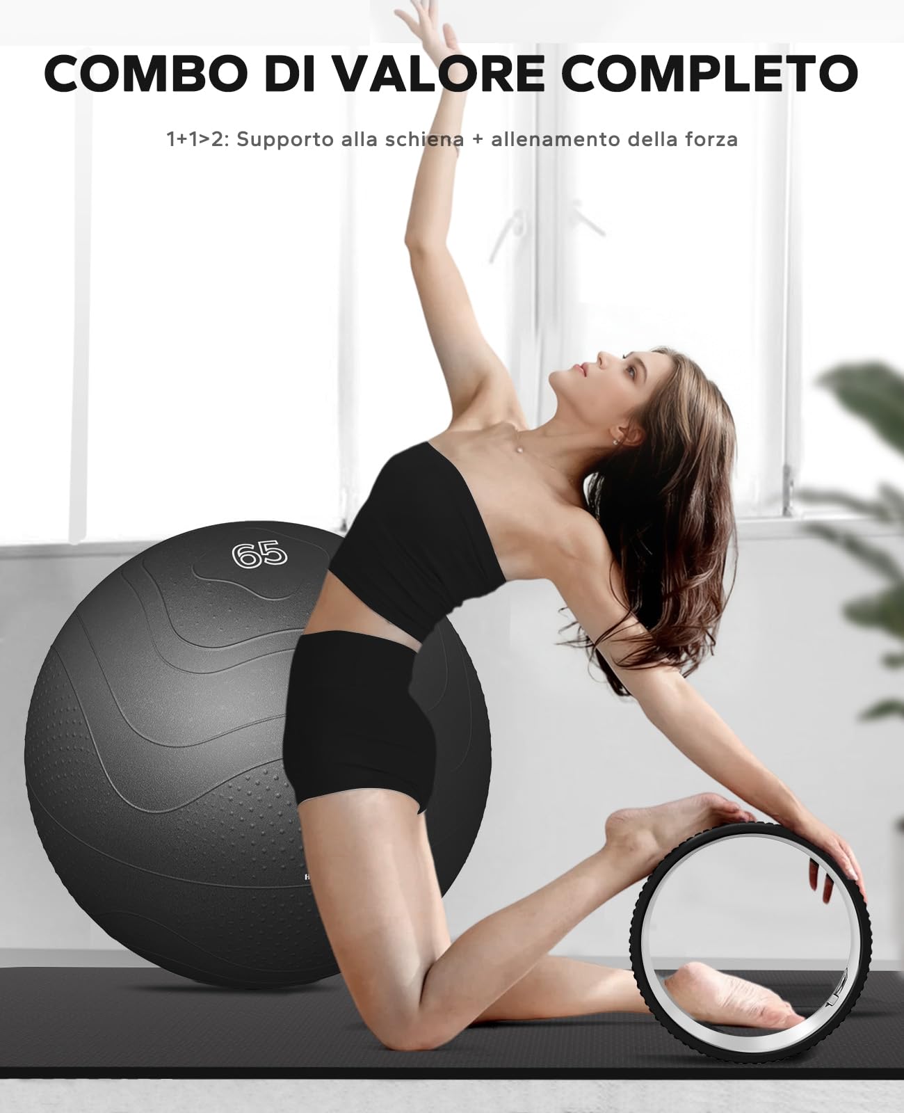 HAPBEAR Ruota da yoga Yoga Wheel 30cm PP Core – per Allineamento Colonna, Alleviamento Mal di Schiena, Rafforzamento Core, inclusa Palla Ginnica Anti-Scoppio da 66 cm + Pompa