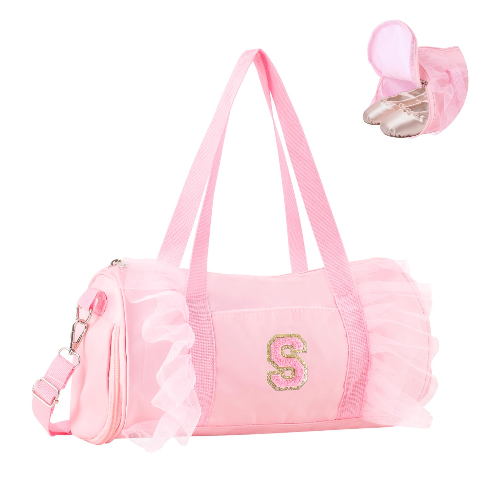 Personalized Initial Dance Bag for Girls 4-6, Small Lace Gym Sport Yoga Cheer Dance Bags Gift for Teen Girls, Cute Letter Kids Ballet Bag Toddler Travel Duffel Tote with Adjustable Straps(Pink-S)