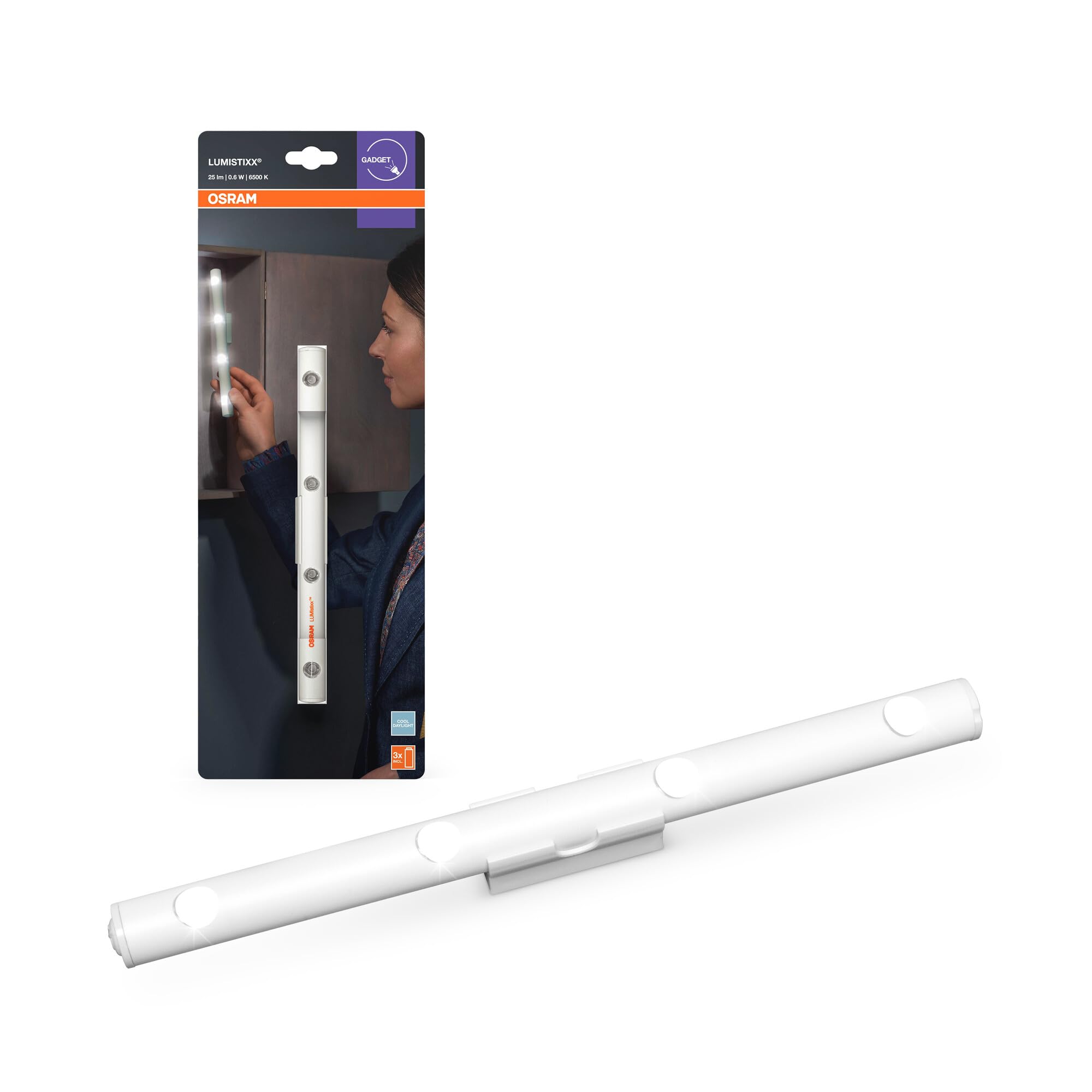 OSRAM LUMIstixx, luce LED, bianca, 100 lm, 4000K, a batteria, attacco magnetico, montaggio adesivo, compatta per uso interno