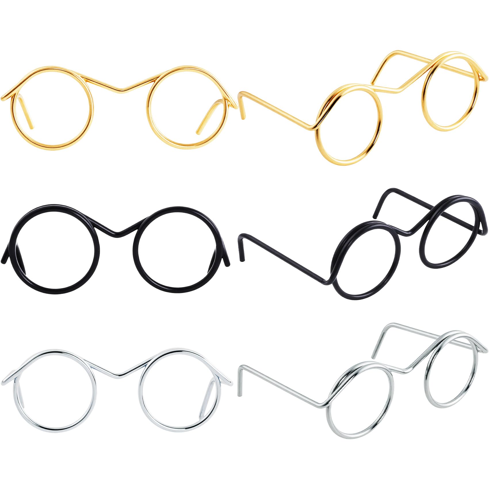 6pcs Mini Metal Doll Glasses, Small Eyewear Wire Rim Toy Glasses, Doll Making Round Dress up Eyeglasses Decorative Accessories for Dog Cat Costume Cosplay DIY Crafts- Black & Gold & Silver-image-9