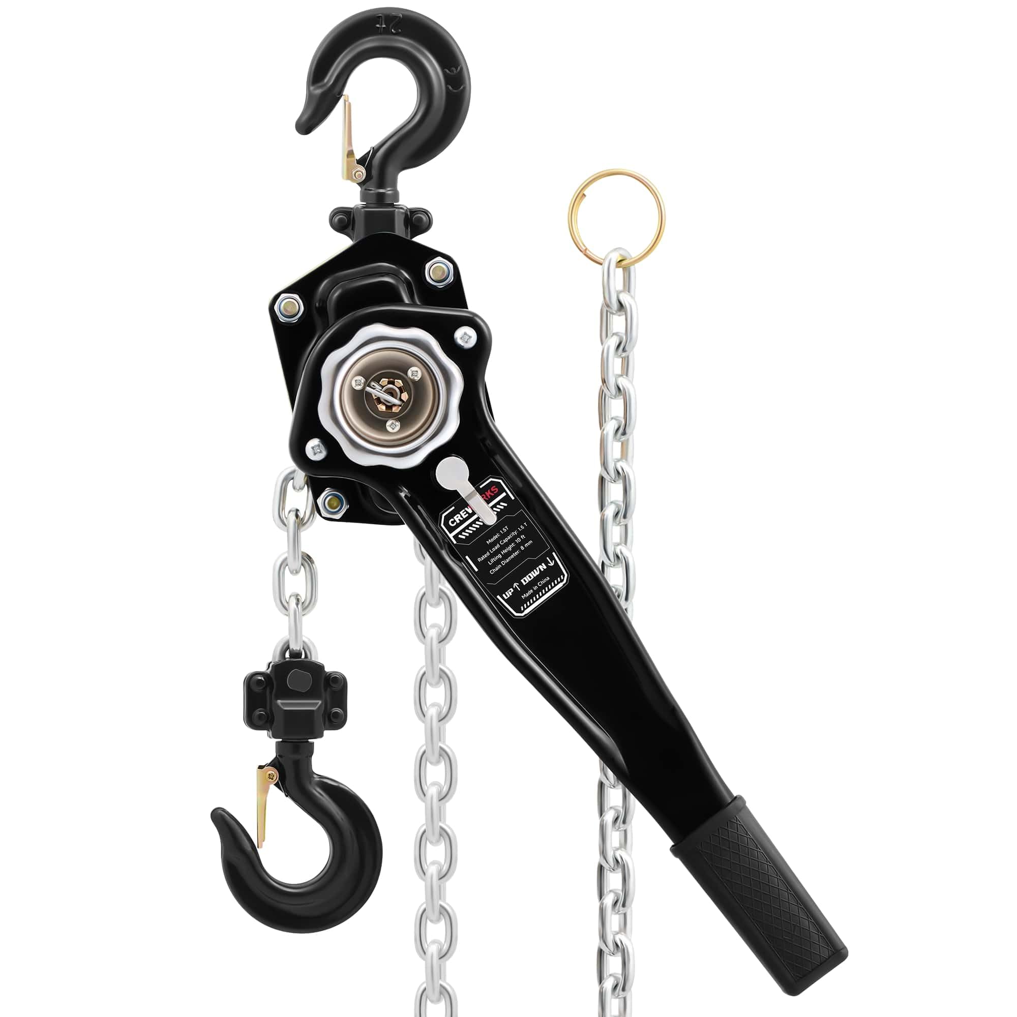 CREWORKS Paranco a Catena Manuale Altezza di Sollevamento 3 Metri Capacità Carico Max 1,5 Tonnellate con Catena Zincata G80 e Ganci Girevoli a 360° per Magazzini Edili Fabbriche