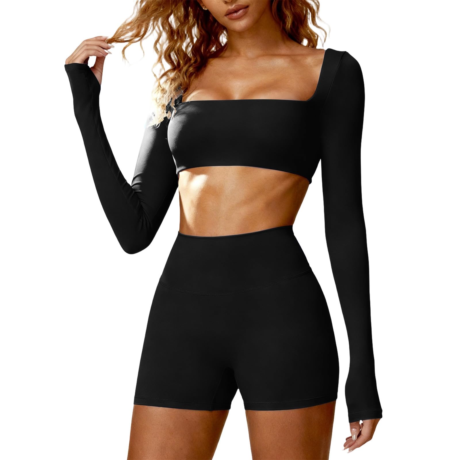 Womens 2 Piece Yoga Sets Square Neck Long Sleeve Crop Tops and High Waist Biker Shorts Workout Gym