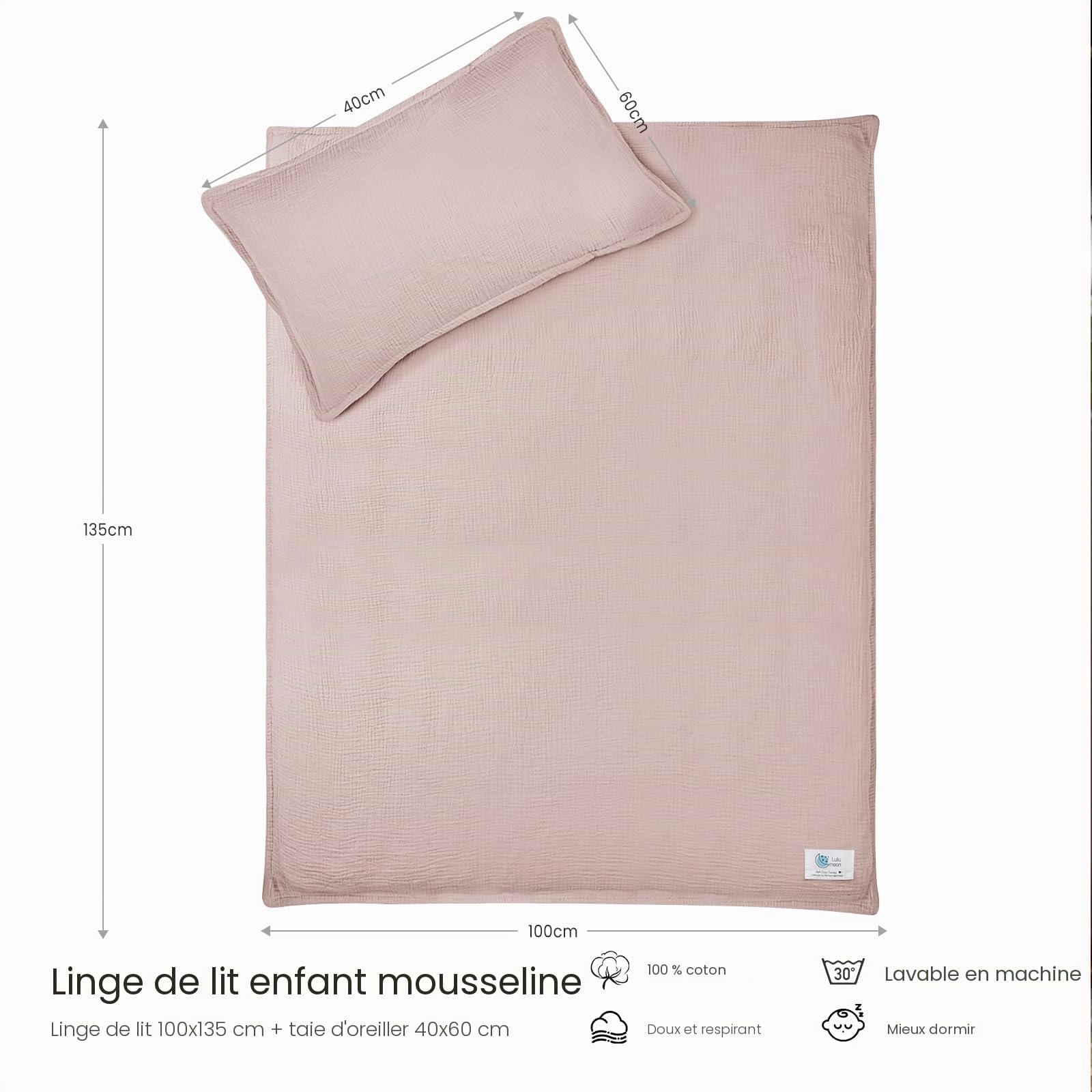 lulumoon Parure de Lit 100x135 cm : Housse de Couette 100 x 135 cm et Taie d'oreiller 40 x 60 cm, 100% Coton, Oeko-TEX, Légère et Confortable Couette lit Bebe