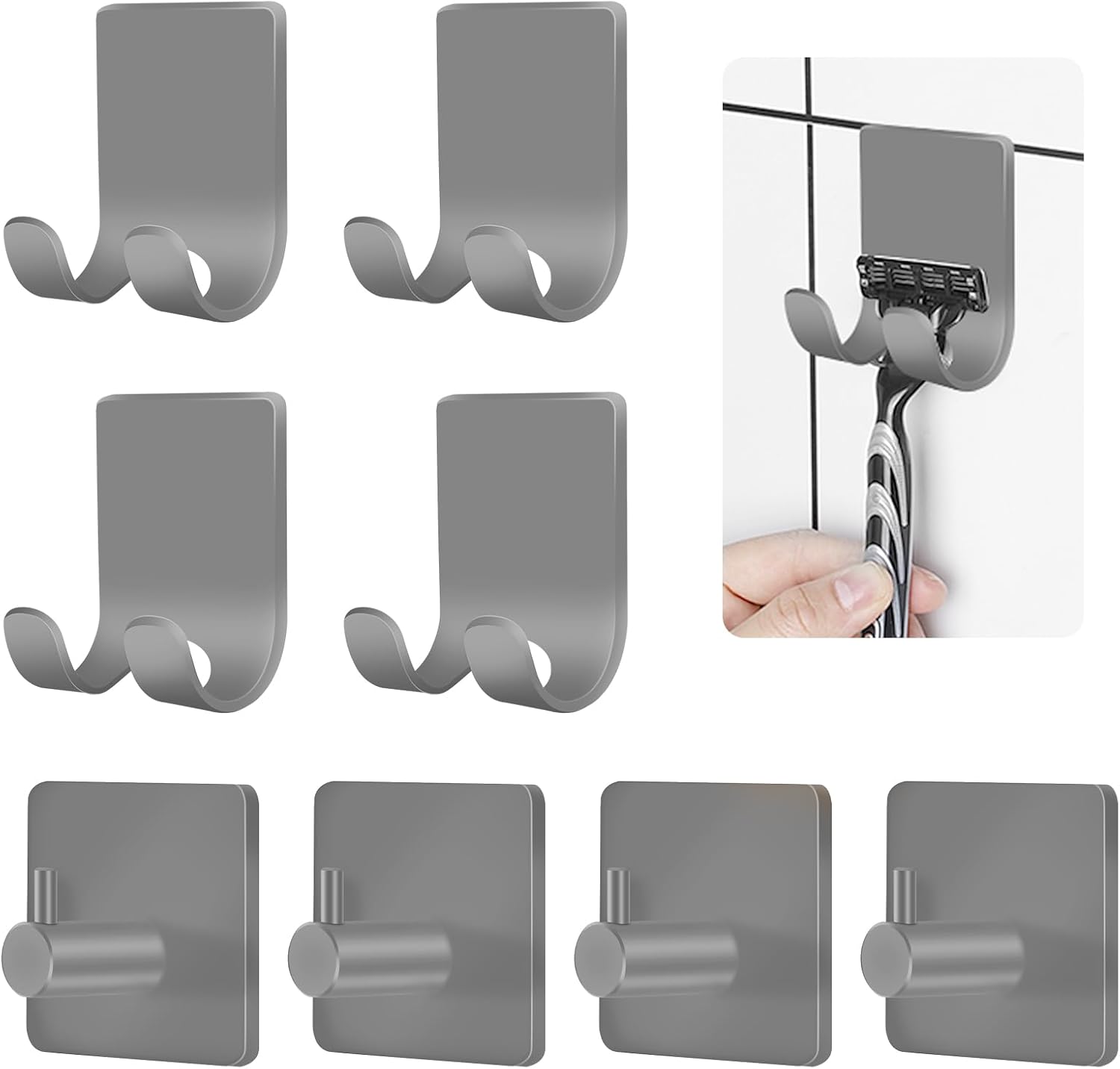 CGBE Razor Holder for Shower, 4 Packs Shaver Holder and Hooks, Self Adhesive Wall Mounts for Bathroom, Damage Free - Grey 8 Pack Gray