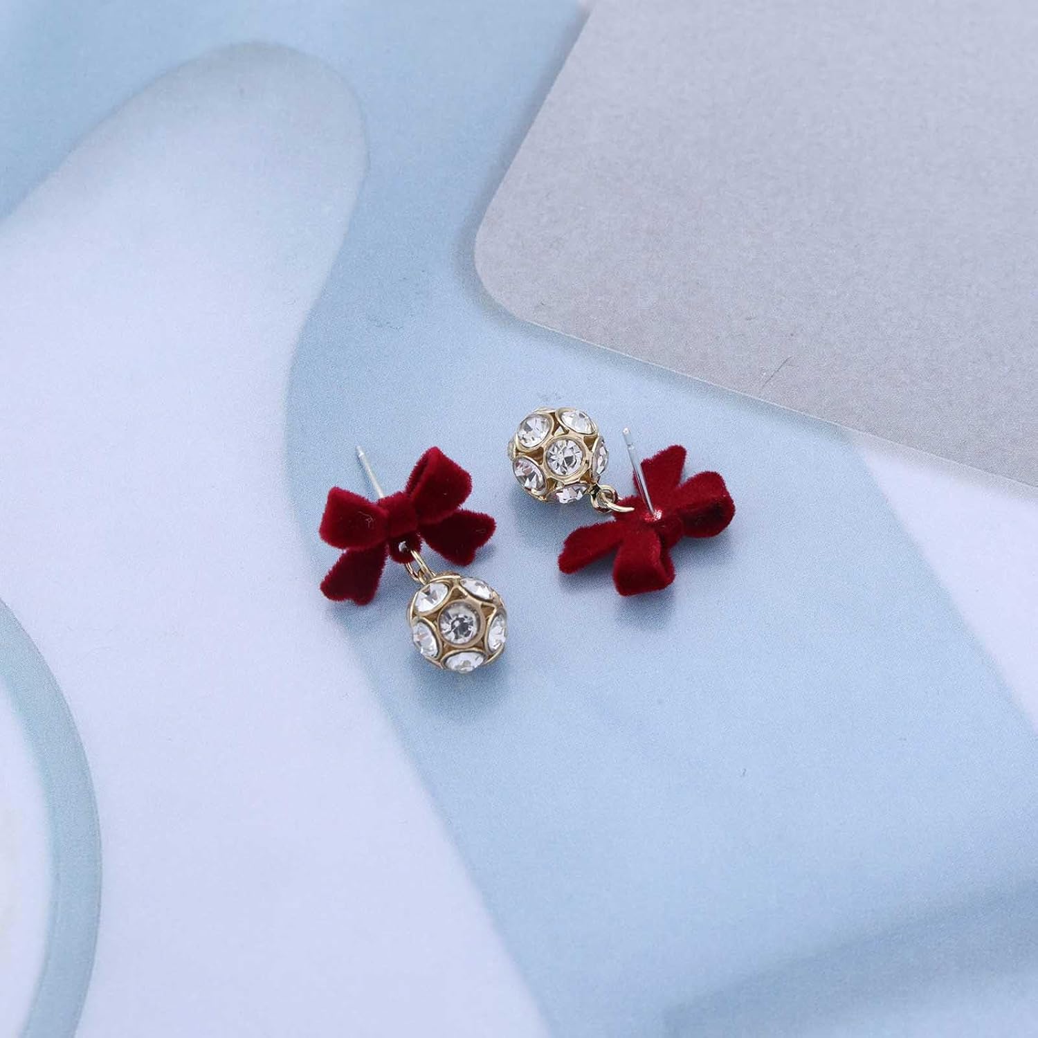Vintage Red Velvet Bow Earrings Red Suede Bow Stud Earrings Tiny Rhinestone Drop Earring Bowknot Earring Jewelry for Women - Image 7