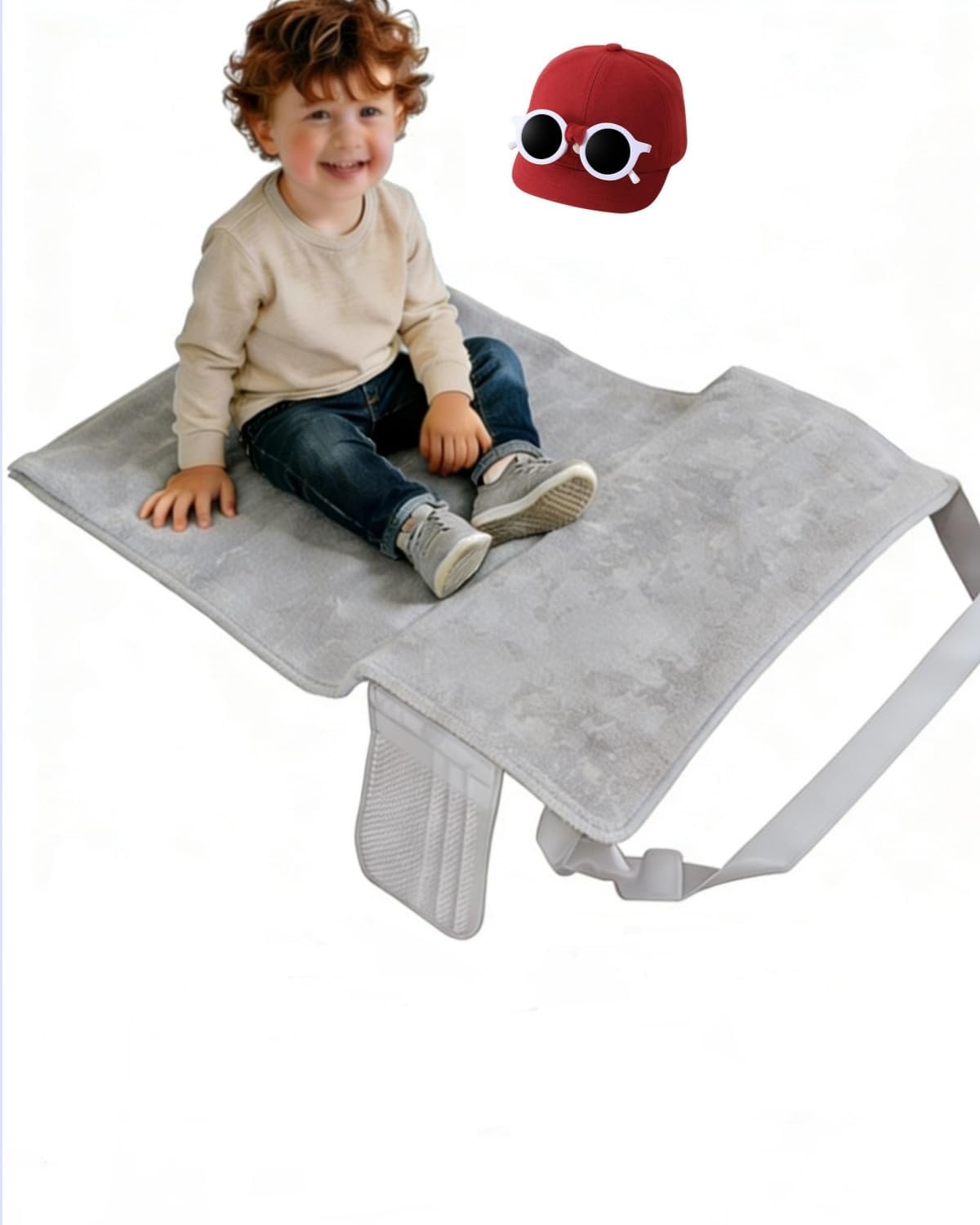 Grey Toddler Airplane Bed with Burgundy Hat, Portable Airplane Seat Extender Travel Bed for Kids, Soft Baby Plane Travel Essentials for Flying, Toddlers Long Flight Must Haves Footrest